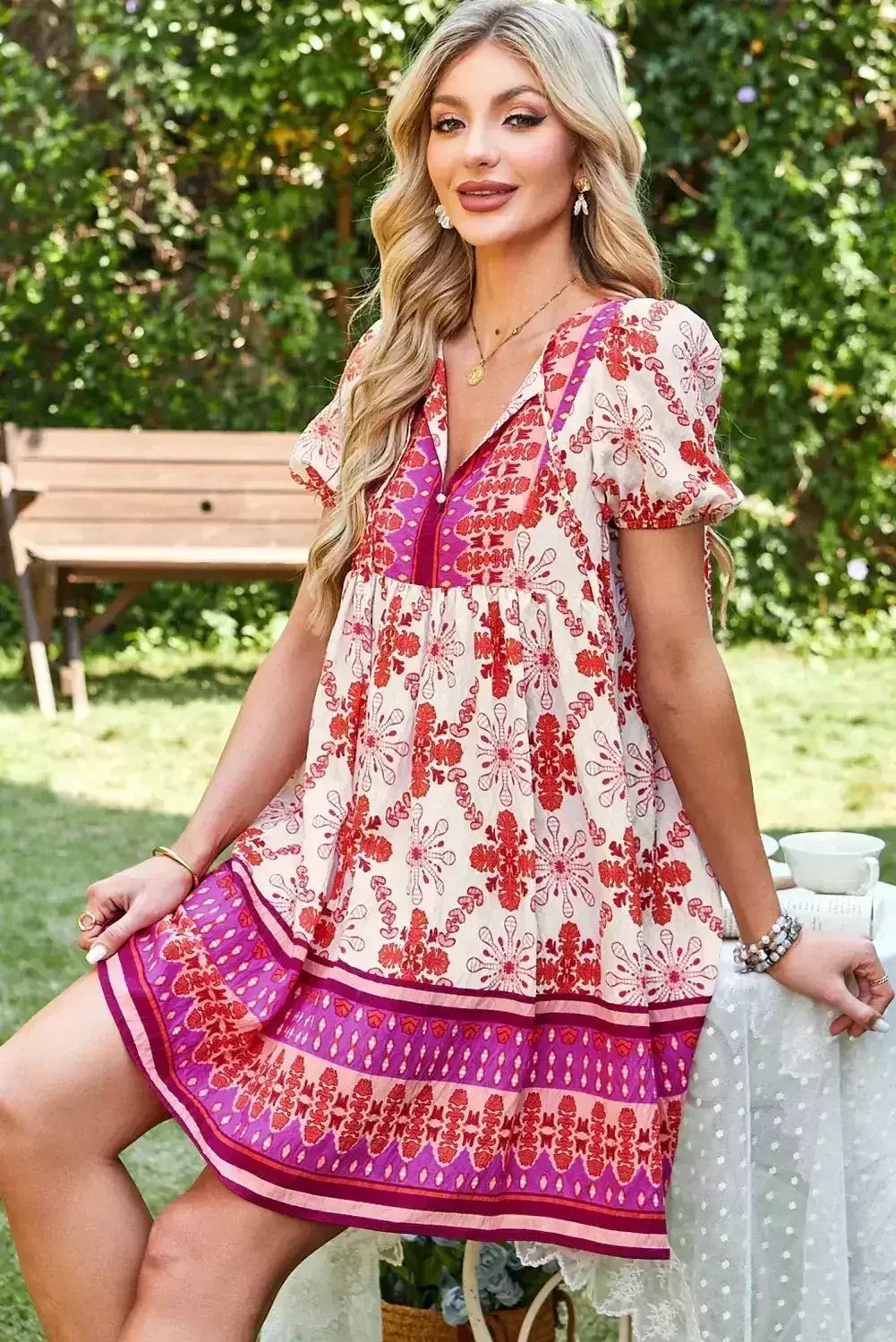 Rose Boho Floral Short Sleeve Tie V Neck Mini Dress