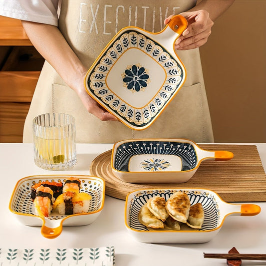 Stylish Ceramic Dinner Plate with Handle Flower Design