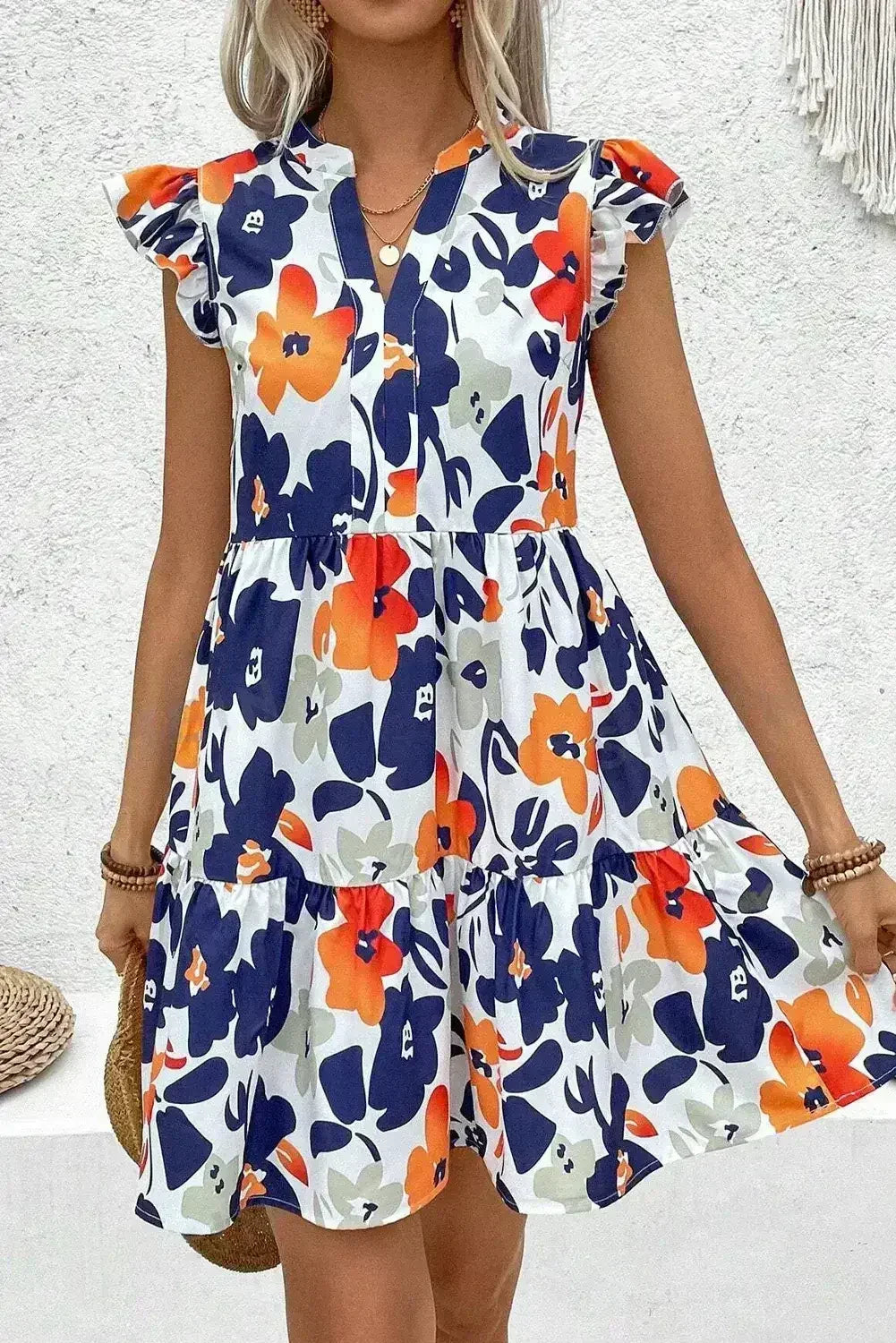 Rose Floral Print Notched Neck Flutter Sleeve Mini Dress