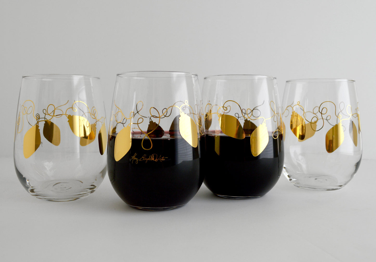 Metallic Gold Retro Christmas Lights Stemless Wine | Glassware | Kitchen + Metal