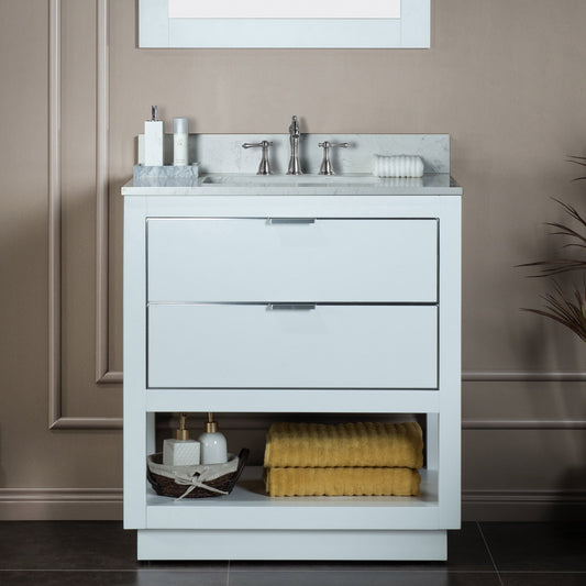 WOODBRIDGE Venice 30"x21"x33" Solid Wood Bath Vanities Side Cabinet in White with Brushed Nickel Trim and Engineered Stone Composite Vanity Top in Carrara White 3 Pre-Drilled Holes for 8-inch Widespread Faucet.