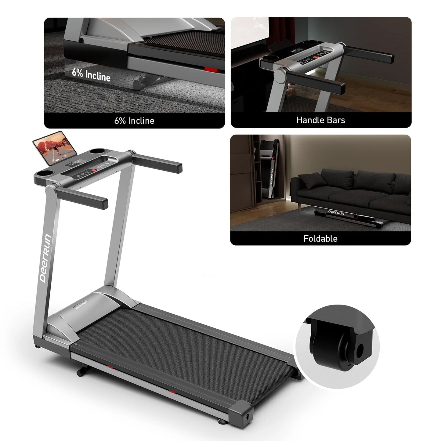 DeerRun A1 Pro Move+ 6% Incline Foldable Treadmill——2025 Upgraded Chip & NFC Support | 350Lbs, 10mph Silver