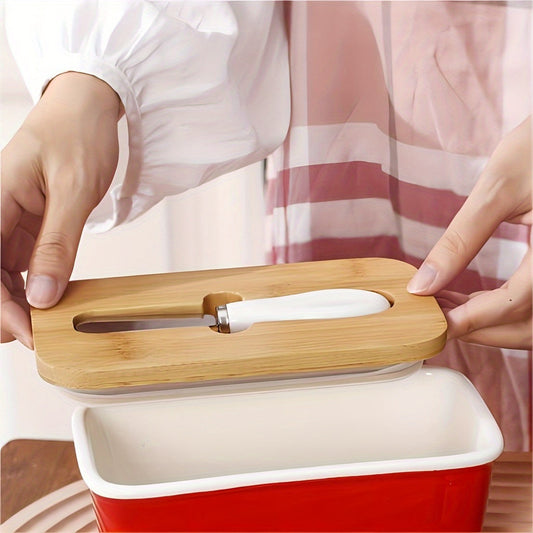 Large Ceramic Butter Dish with Bamboo Lid and Knife