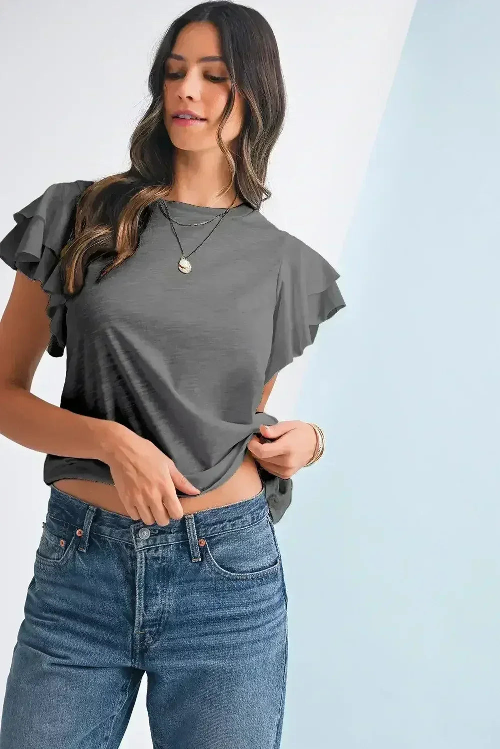 Dark Grey Ruffle Sleeve Plain Blouse | Femstylo