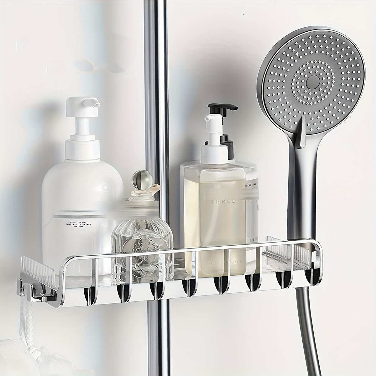NoDrill Adjustable Shower Caddy with Raised Guardrail