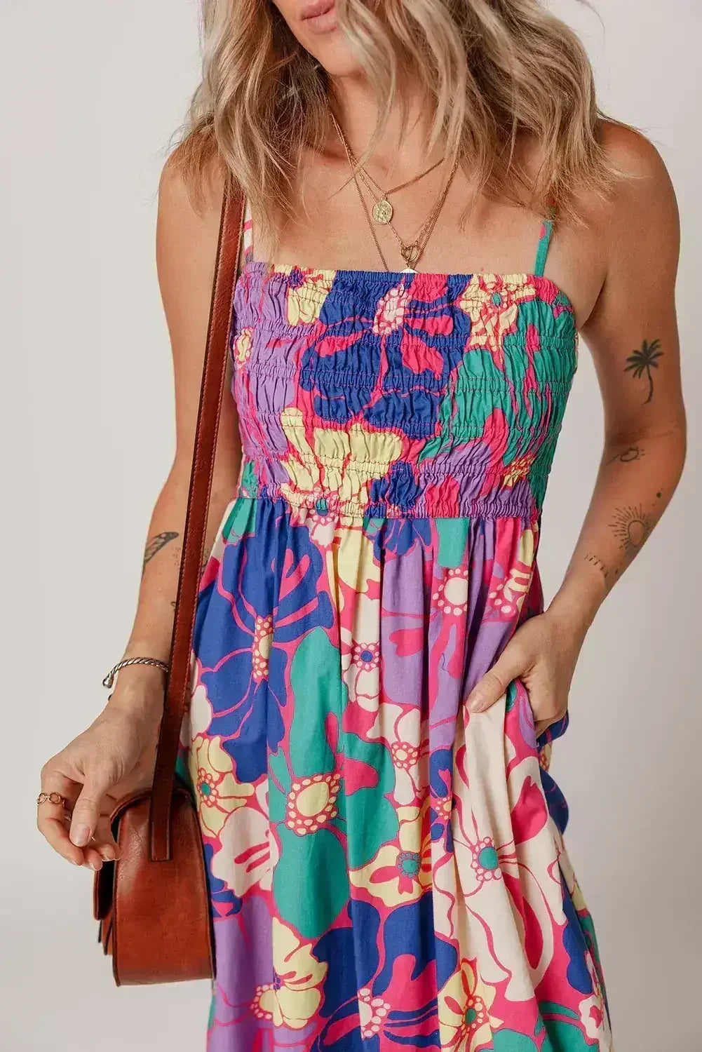 Purple Floral Print Shirred Spaghetti Strap Loose Maxi Dress