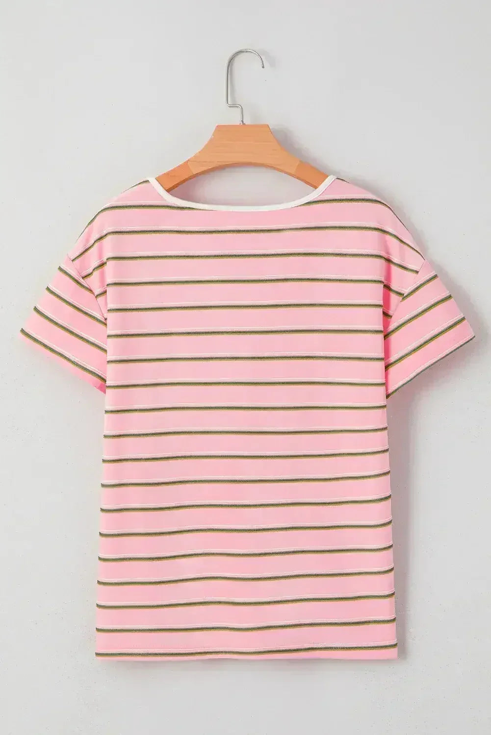 Pink Stripe V Neck Casual T-Shirt