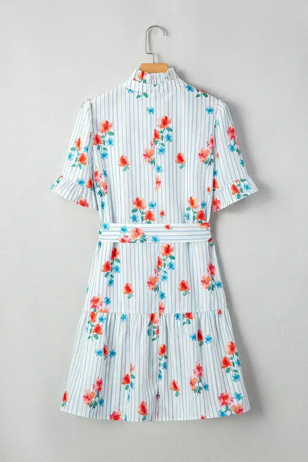 Sky Blue Striped Floral Print Ruffle Belted Mini Dress