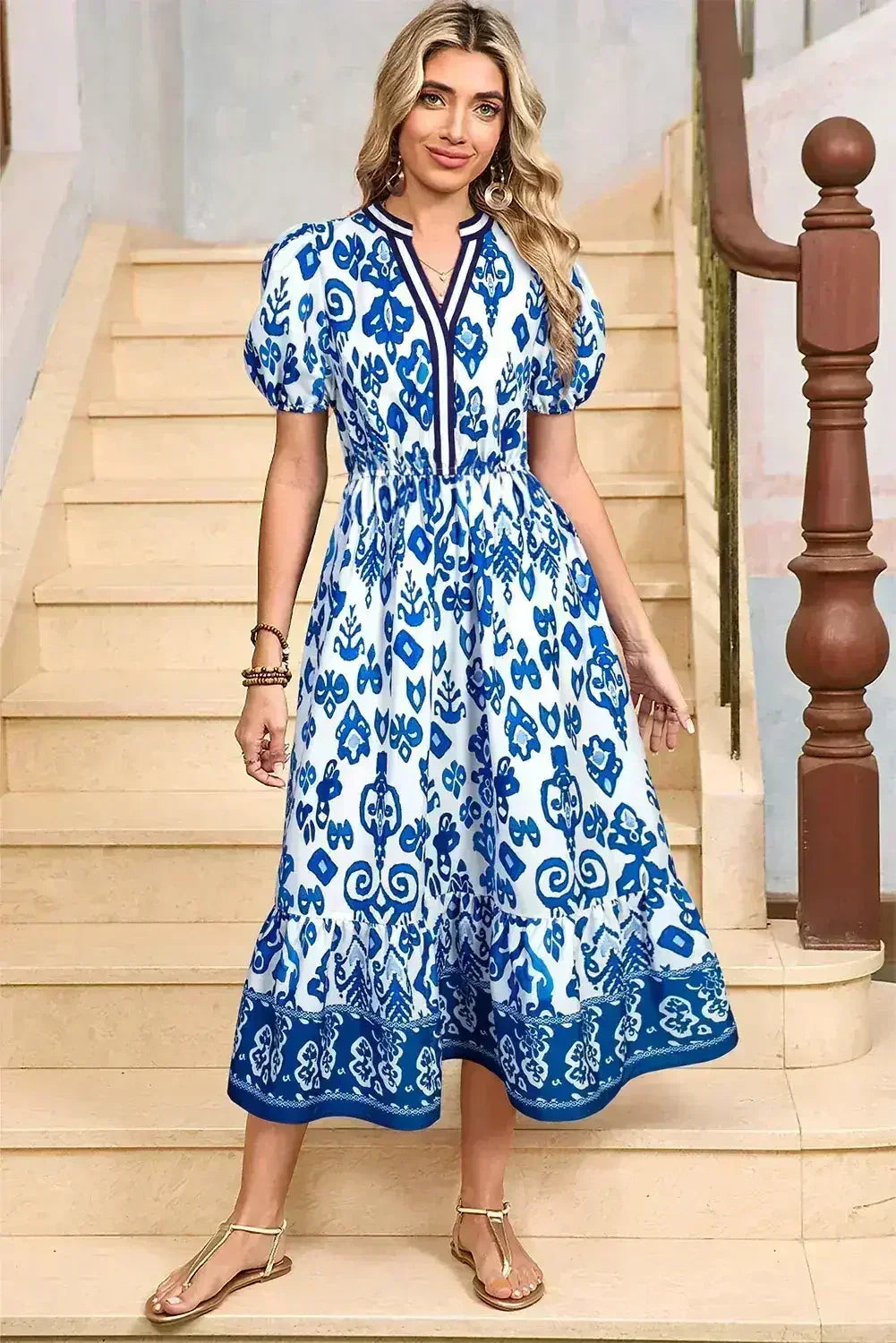 Blue Floral Ruffle Hem Pop of Color Neckline Dress