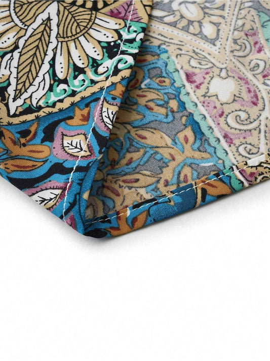 Women Print Maxi Dress with Tie Detail - High Waisted Cross Halter Neck, Flowing Teal & Brown Paisley Vacation Gown, Machine Washable Summer Fashion