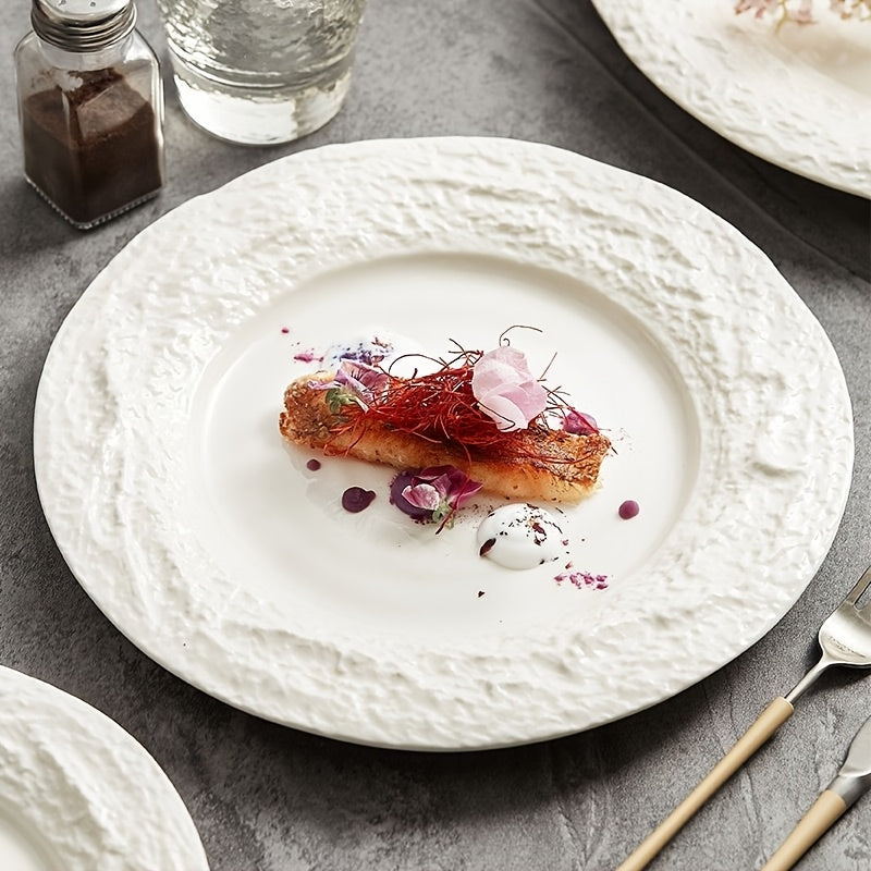 Elegant European Ceramic Dinner Plate with Relief Pattern