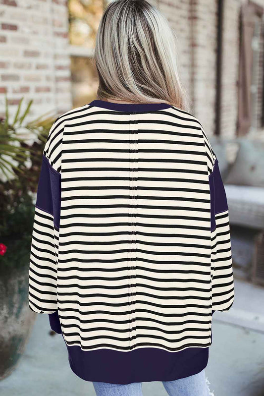 White Stripe Patchwork Exposed Seam Loose Fit Women's Sweatshirt