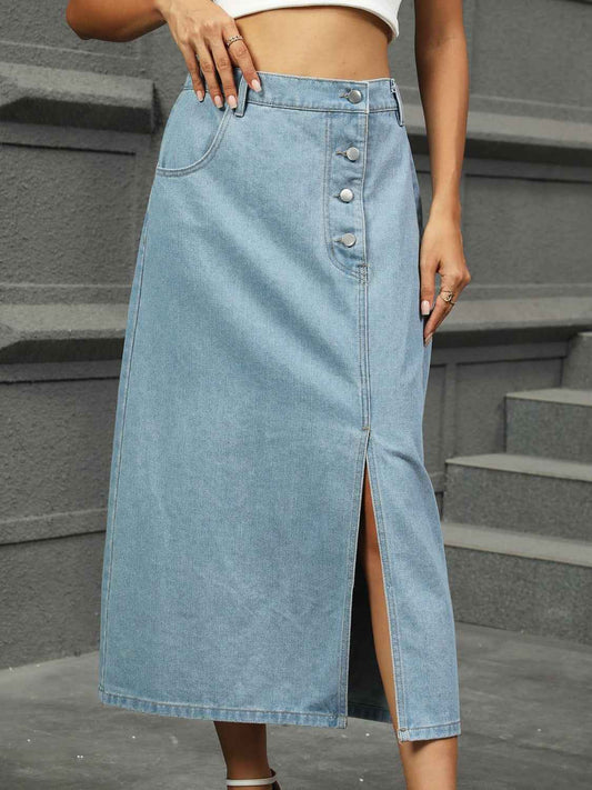 Slit Button Detail Denim Skirt - Stylish Midi Length Fashion Piece