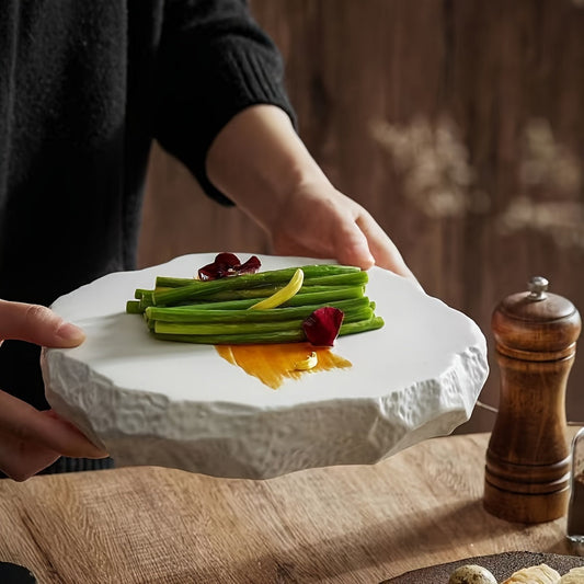 White Ceramic Dinner Plate with Unique Stone Pattern