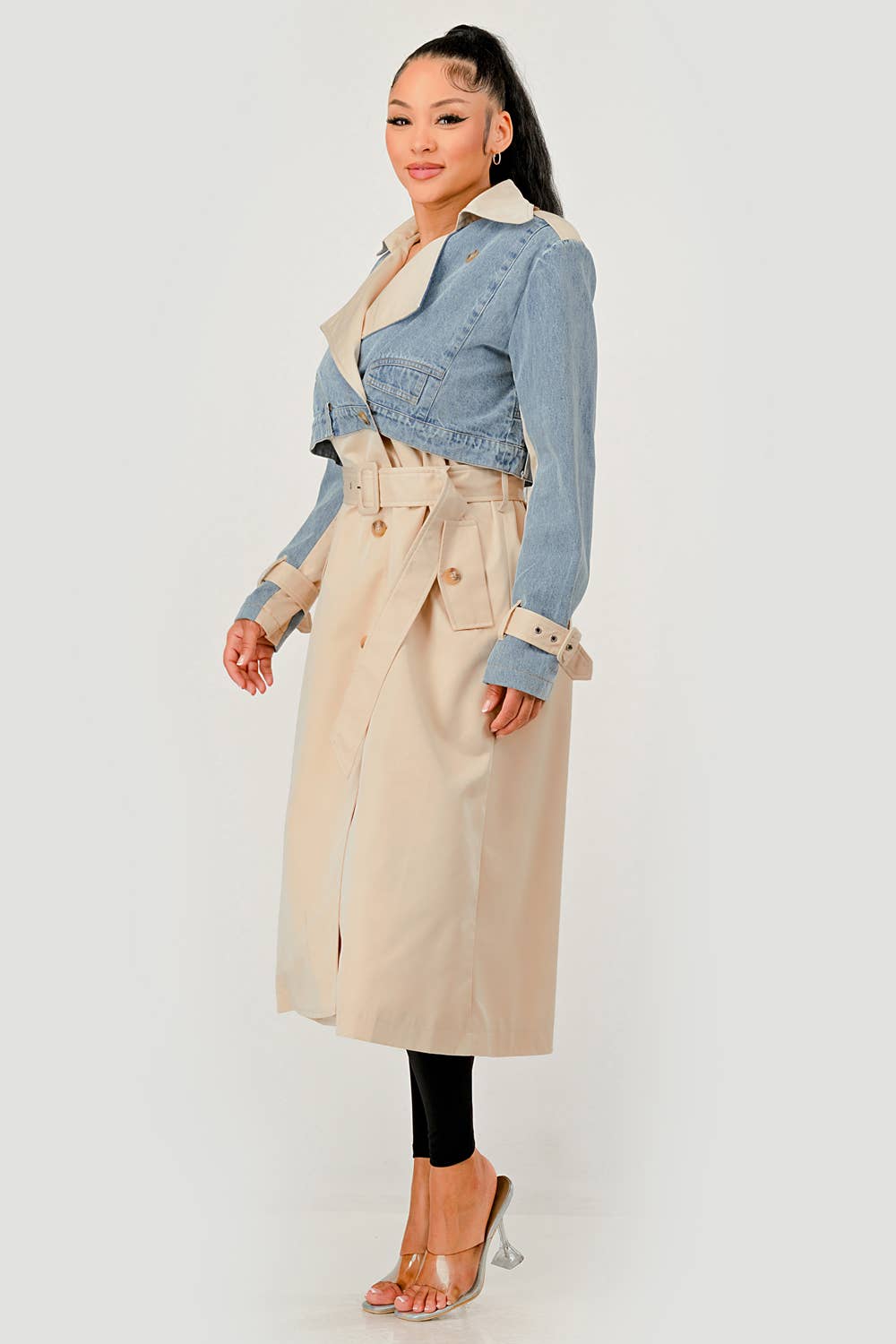 Denim Contrast Belted Trench Coat