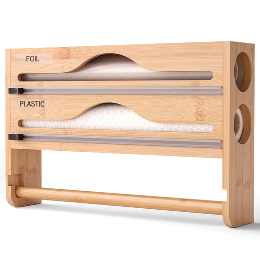 A bamboo kitchen wrap organizer with 4-in-1 wall mount storage for foil, plastic, and paper products, featuring a built-in cutter.