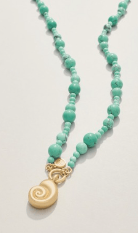 Beaded Charm Necklace 36" Turquoise/Nautilus