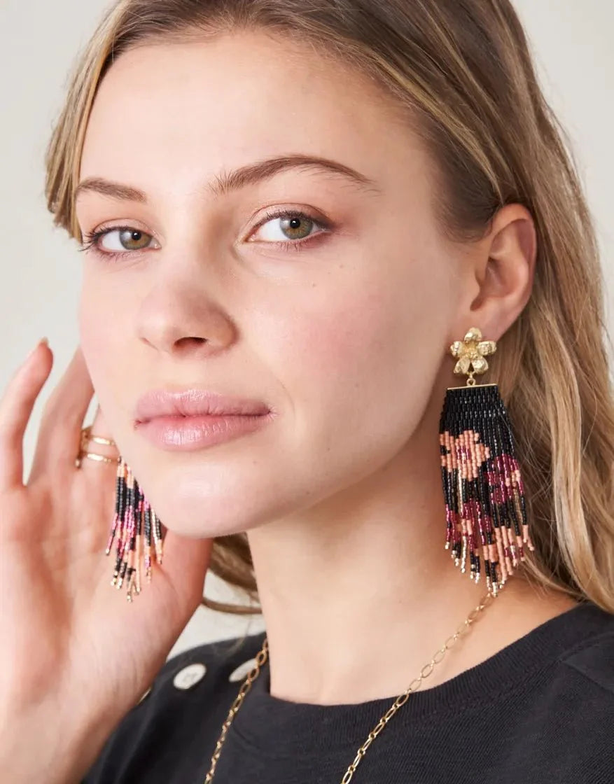 Bitty Bead Earrings Black Floral Stems