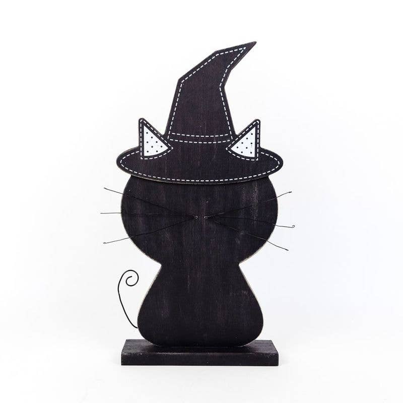 Black Cat With Witch Hat Wooden Cutout 9.5" Halloween Décor
