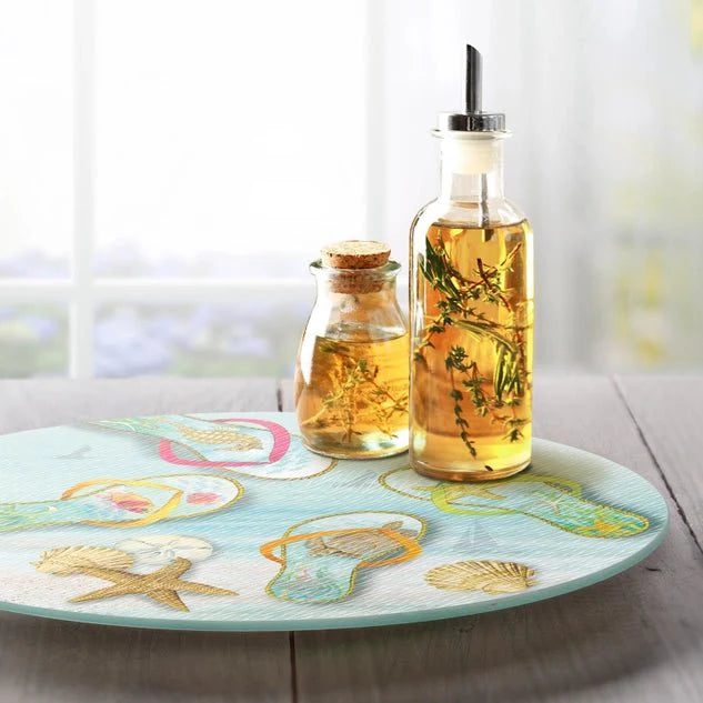 Blue Sea Flip Flops Glass Lazy Susan Turntable 13" Round