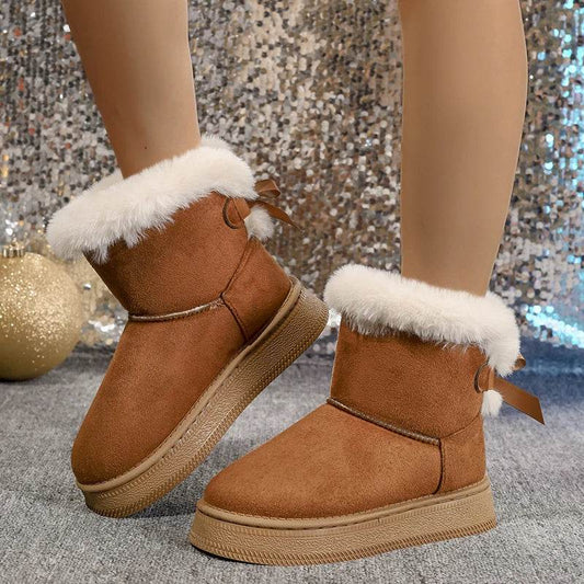 Bow Detail Round-Toe Flat Snow Boots – Soft Velvet Warm Winter Shoes for Women