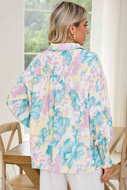 Yellow Floral Oversized Shirt with Shirred Cuffs - Women's Blouse