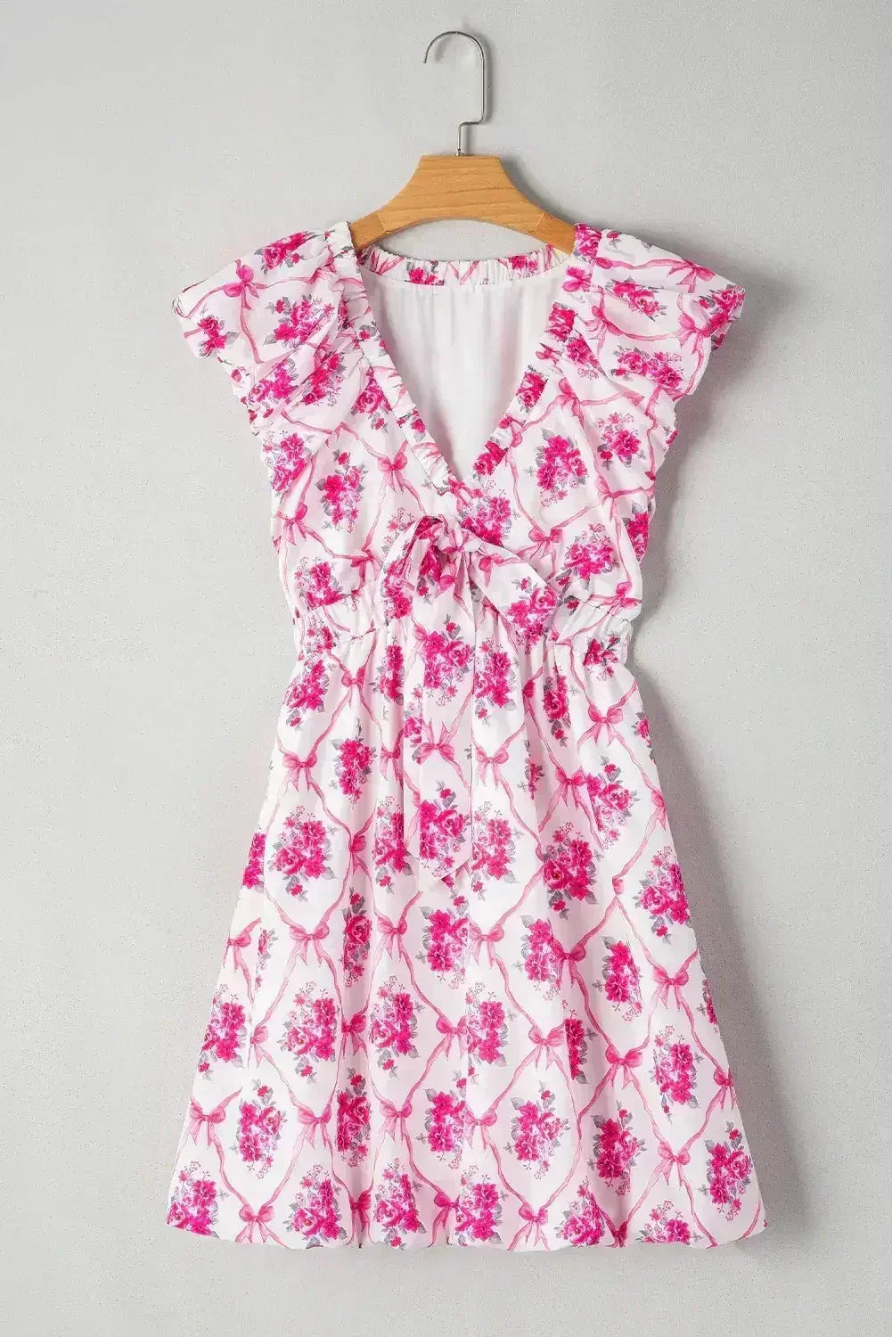Multicolour Boho Bow Floral Print Knot V Neck Mini Dress