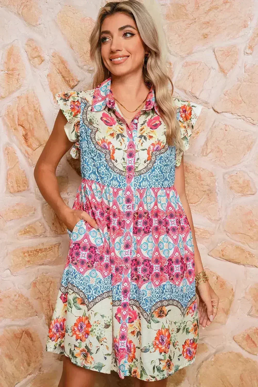 Rose Floral Ethnic Print Ruffle Mini Dress