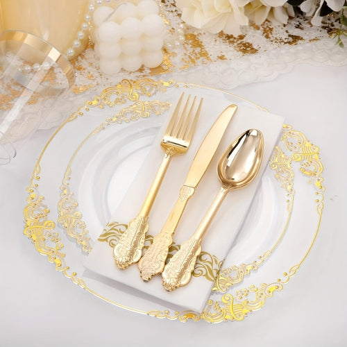 Elegant Gold Rim Plastic Dinnerware Set 50pcs Reusable
