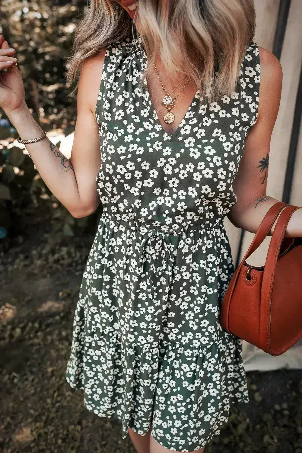 Green Boho Floral Print V Neck Knot Waist Sleeveless Dress