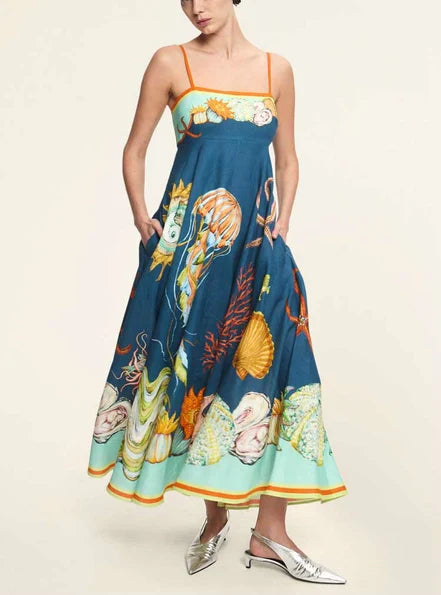 Boho Linen Maxi Dress – Ocean-Inspired Summer Style with Sea Life Print