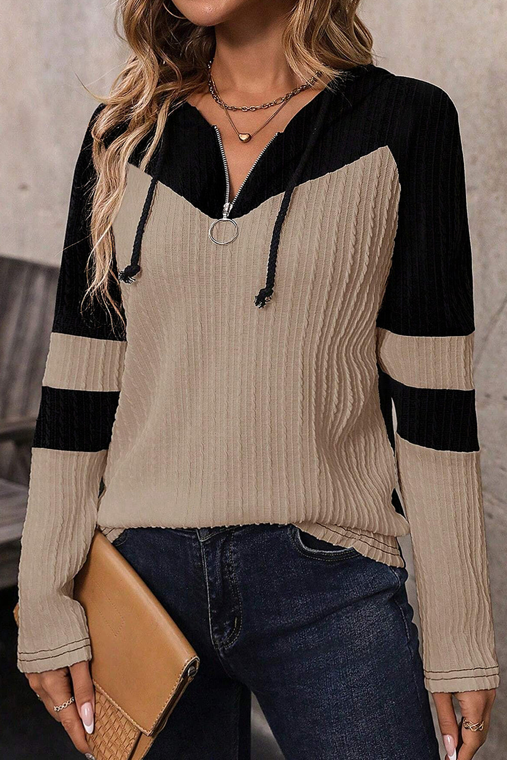 Parchment Textured Patchwork Long Sleeve Hooded Women's Top
