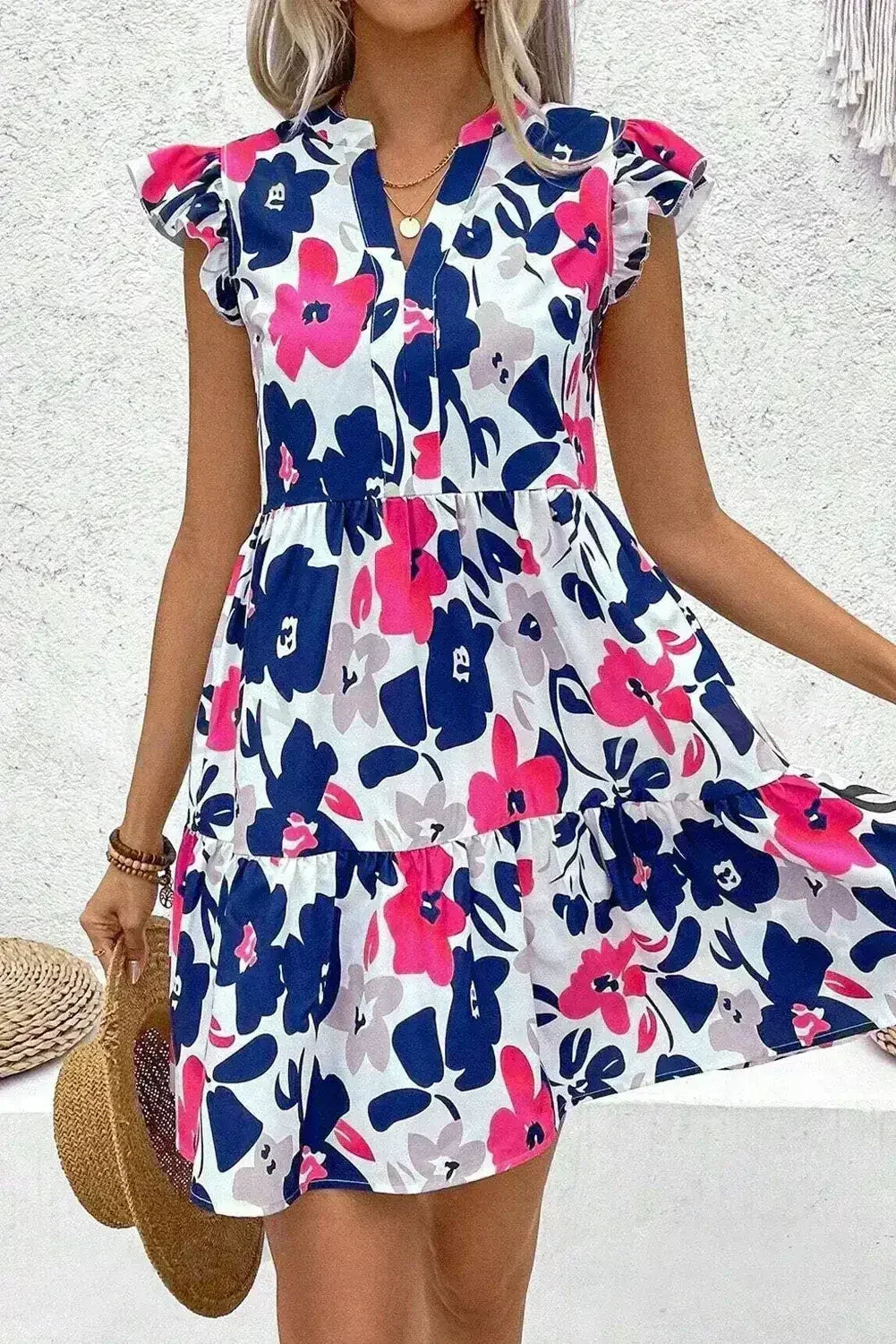 Rose Floral Print Notched Neck Flutter Sleeve Mini Dress