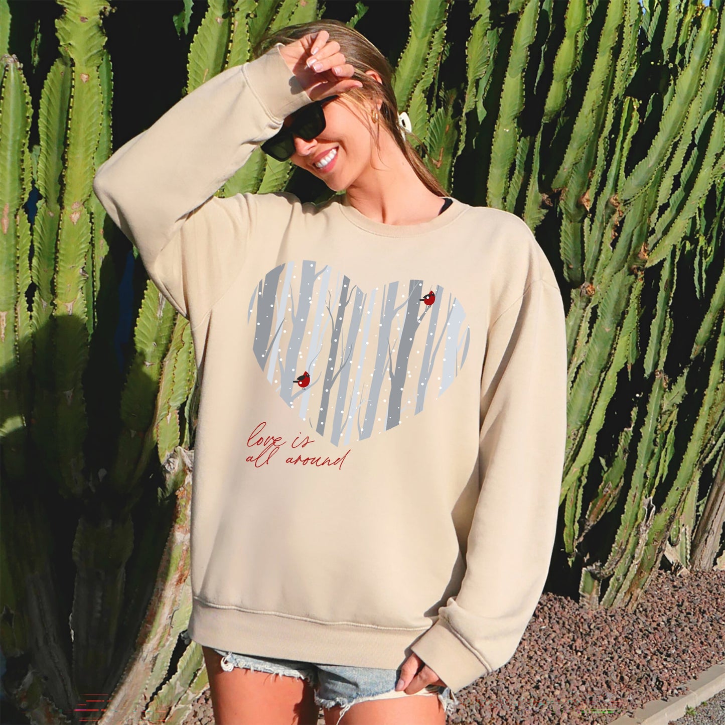 Love Is All Around, Winter Forest, Cardinal, Heart, Sweatshirt, Valentine's Day
