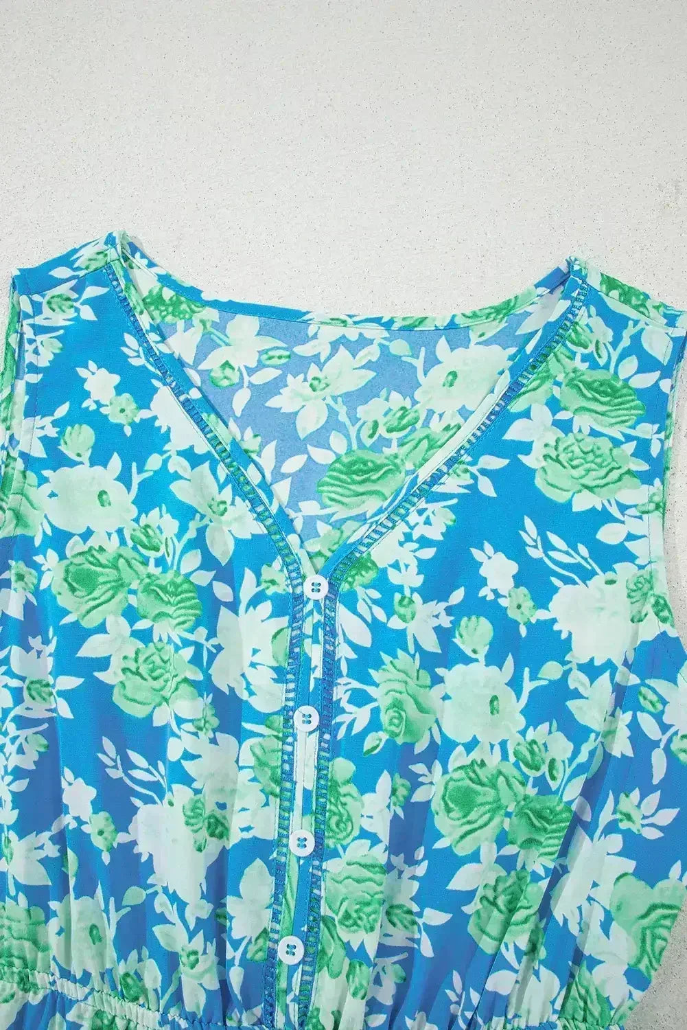 Green Floral Print Trimmed V Neck Sleeveless Vacation Dress