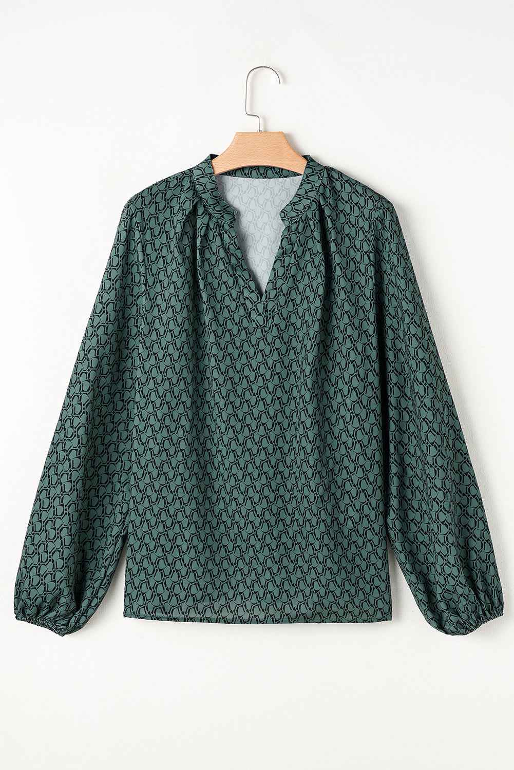 Green Geometric Print Blouse with Notched Neck and Long Sleeves