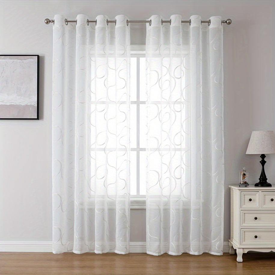Elegant White Sheer Curtains with Embroidered Trellis Design