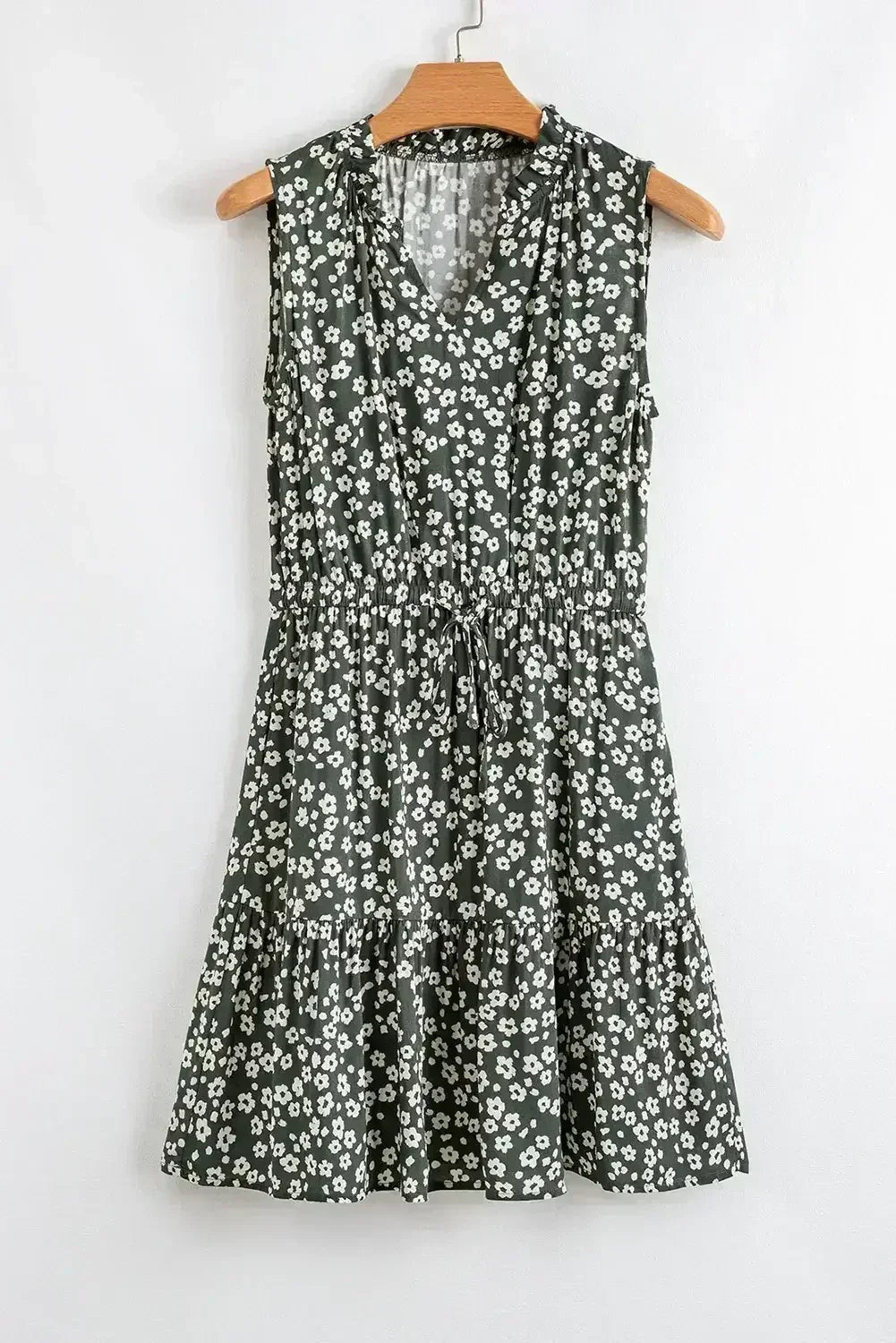 Green Boho Floral Print V Neck Knot Waist Sleeveless Dress