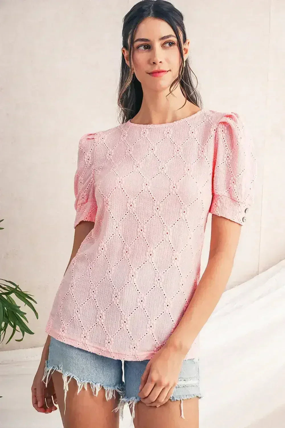 White Embroidered Floral Geometric Button Short Sleeve Top | Femstylo