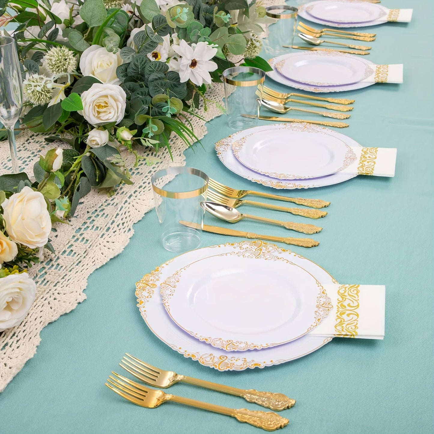Elegant Gold Rim Plastic Dinnerware Set 50pcs Reusable