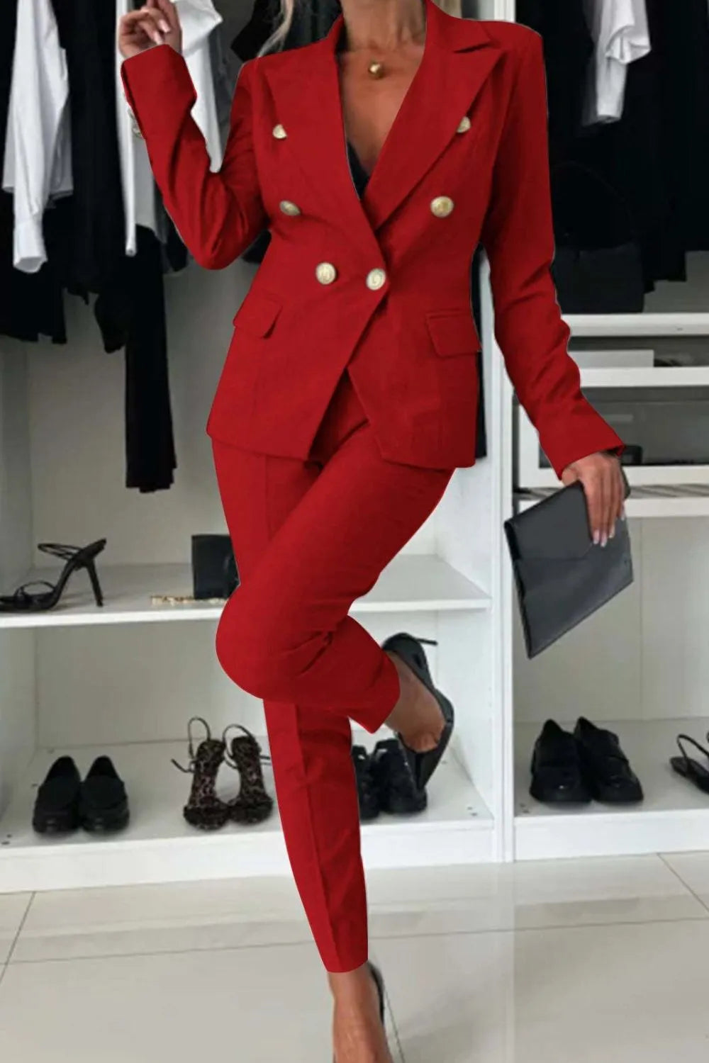 Full Size Plus Size Blazer Pantsuit with Lapel Collar and Long Sleeves