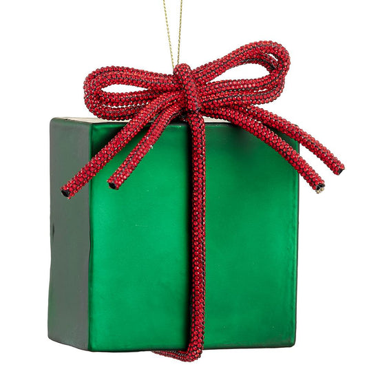 Christmas Carousel Collection - 4.5" Glass Present Ornament With Diamond Bow Trim