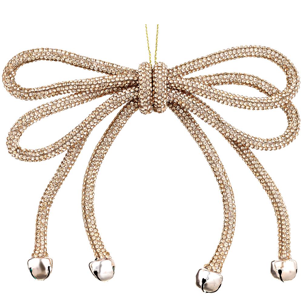 Christmas Carousel Collection - 5.5" Sparkle Bow Ornament With Bells Rose Gold