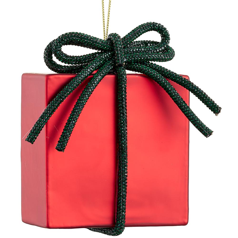 Christmas Carousel Collection - 4.5" Glass Present Ornament With Diamond Bow Trim