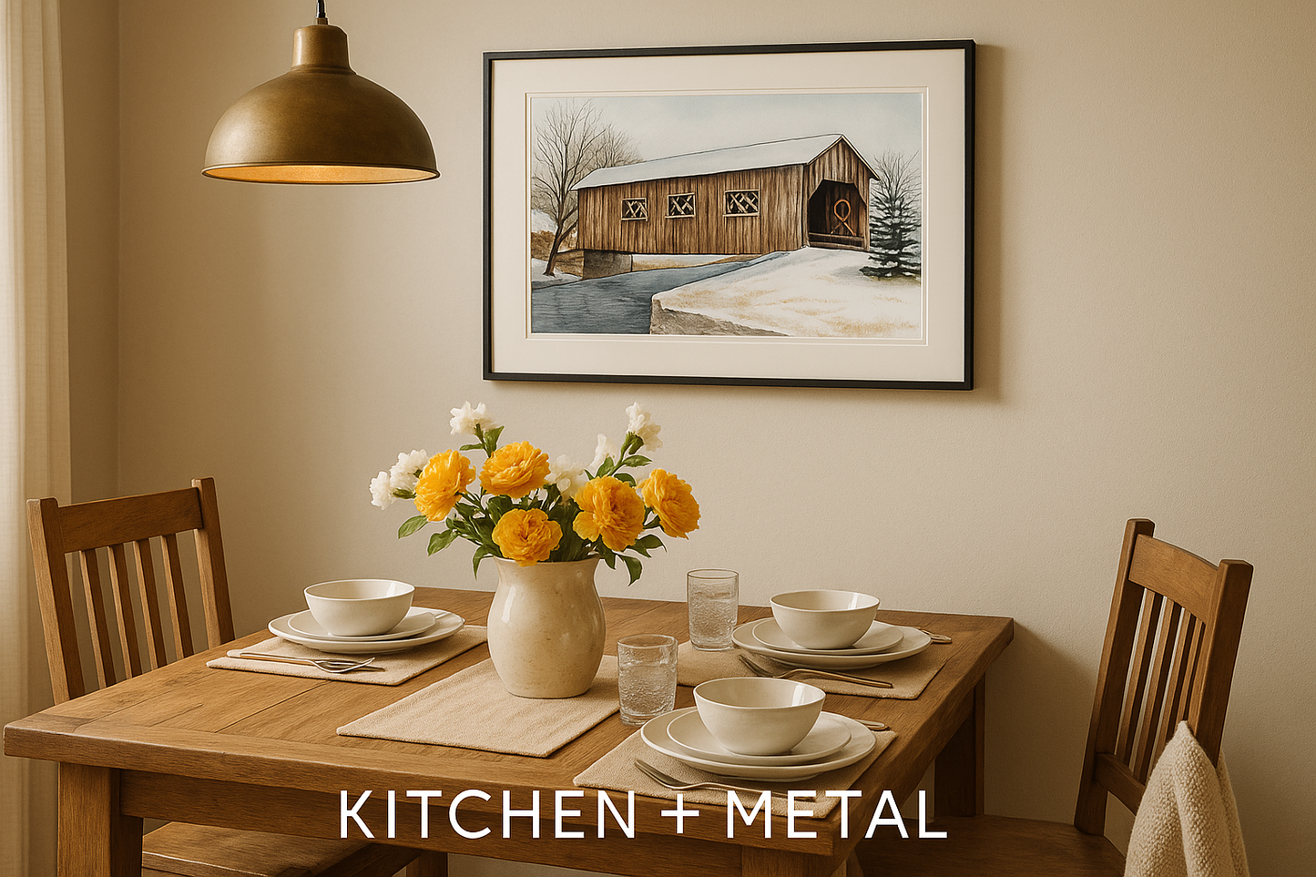 Covered Bridge Winter Scene Art in Kitchen + Metal Dining Room Setting