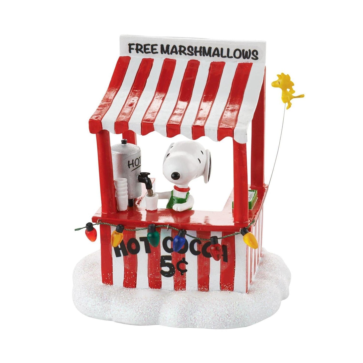 Snoopy figurine at a hot cocoa stand with a red and white striped canopy on a white background