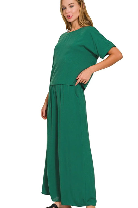 Zenana Round Neck T-Shirt and Wide Leg Pants Set in Green