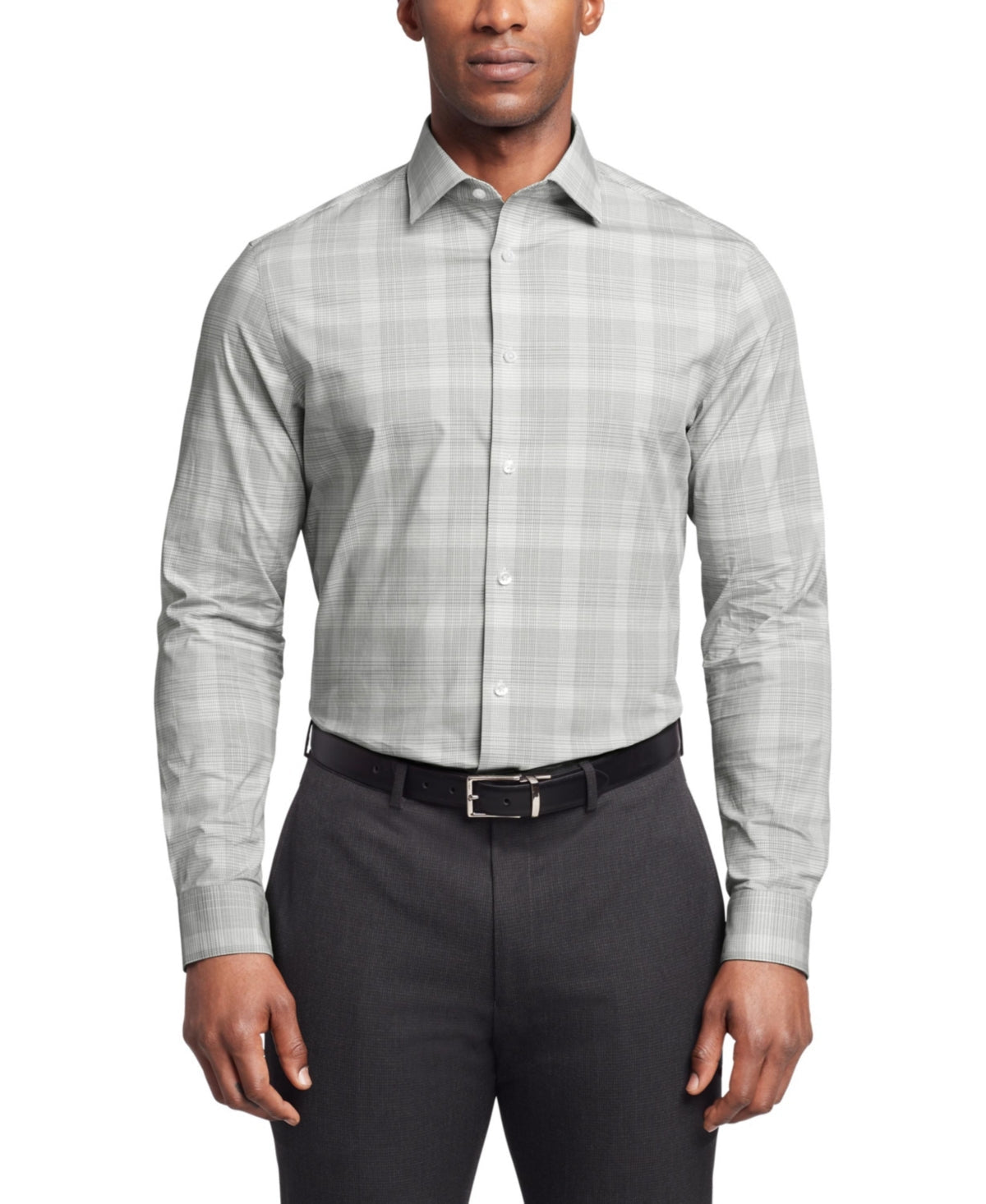 Calvin Klein Size L Plaid Regular Fit Steel Stretch Shirt Olive