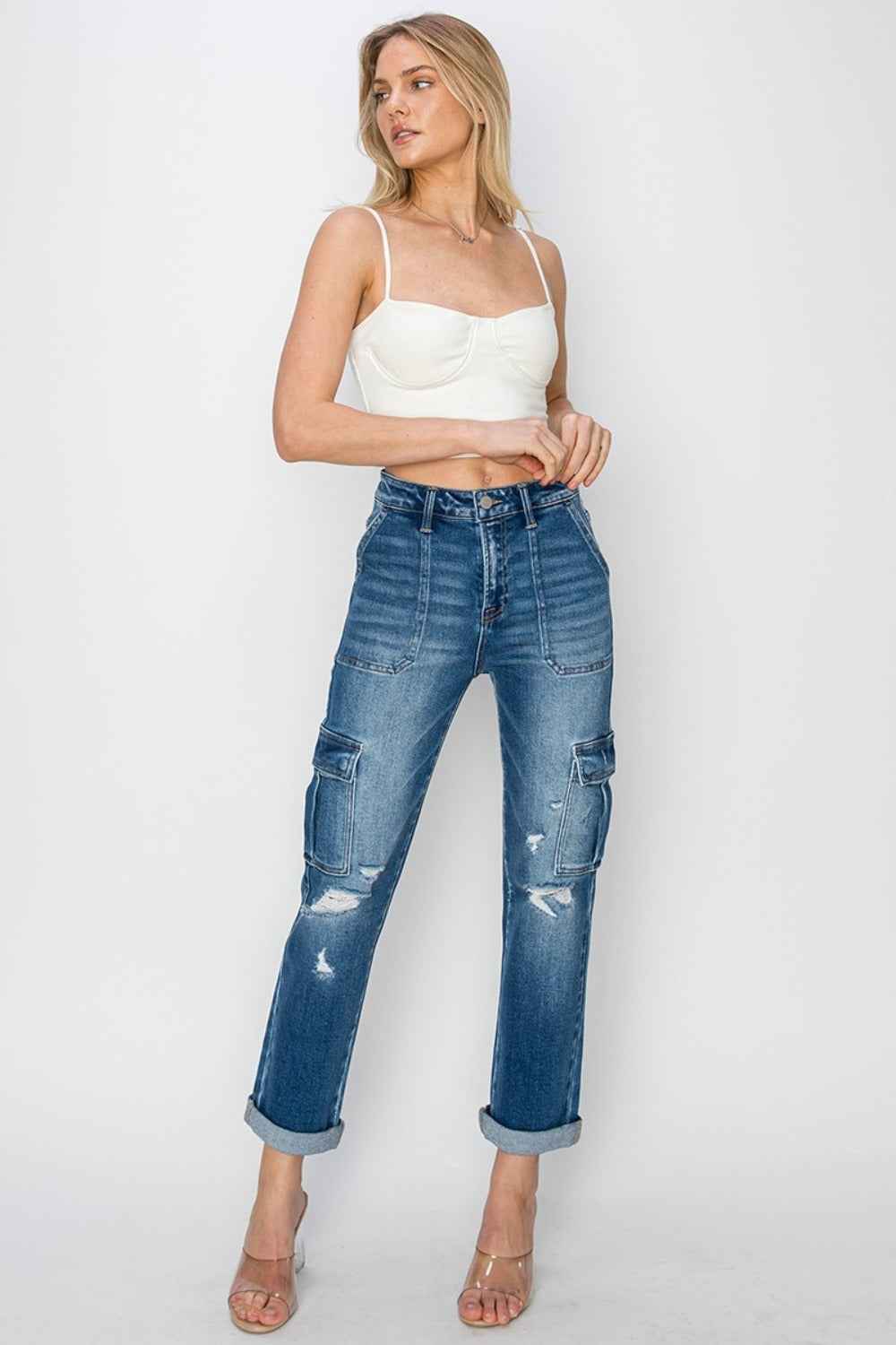 RISEN High Rise Cargo Jeans Full Size Ankle Roll Up Straight Women’s Jeans