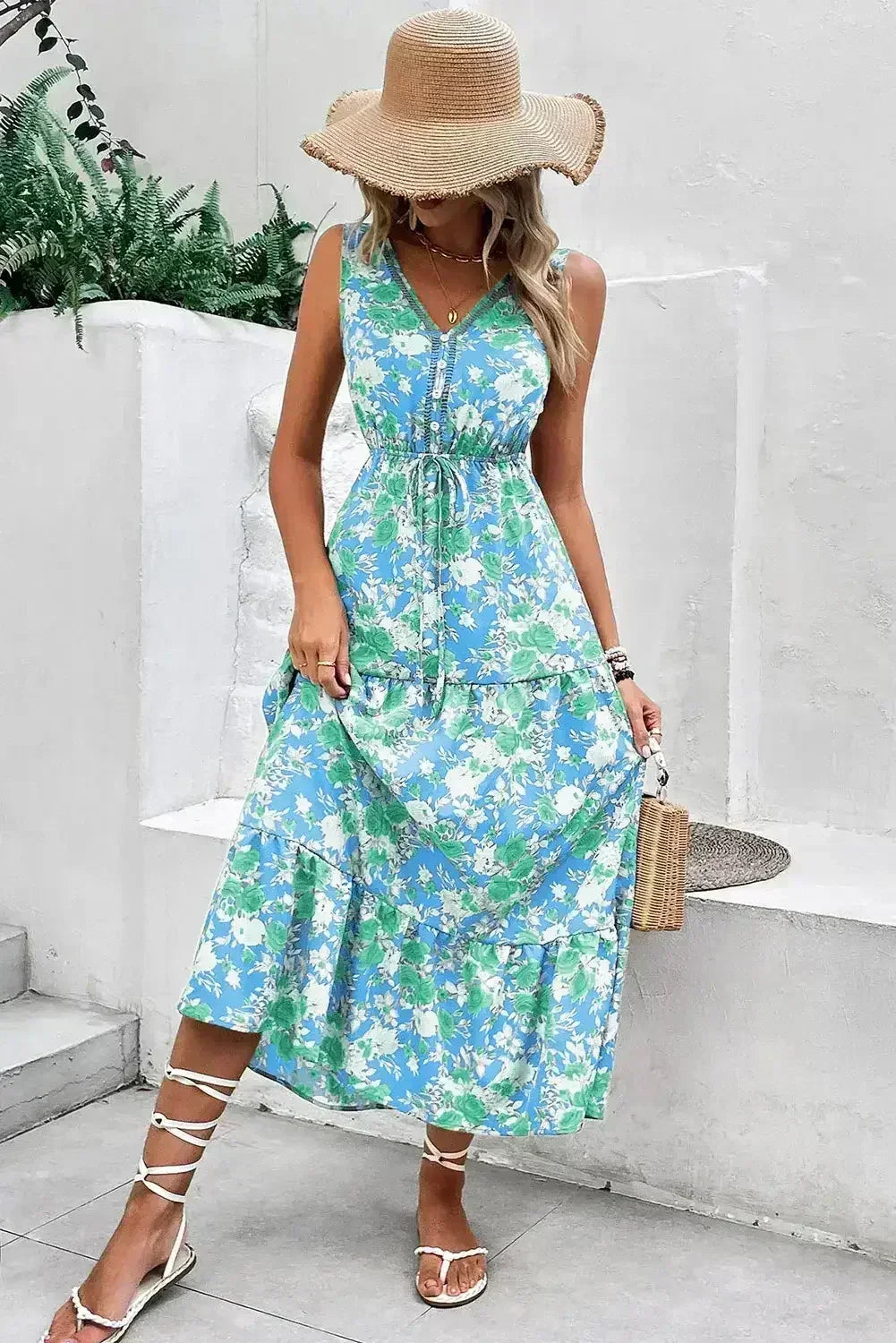 Green Floral Print Trimmed V Neck Sleeveless Vacation Dress